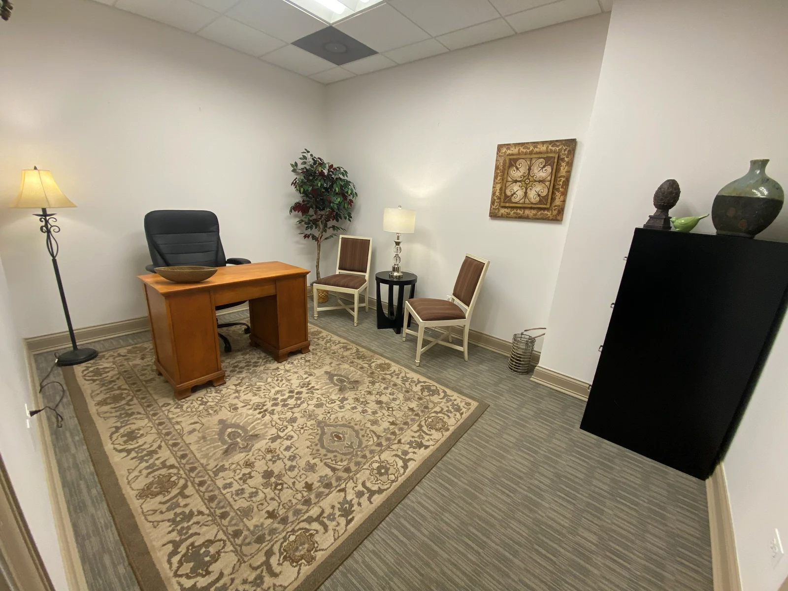 Suite 102C furnished private executive office with desk, executive chair, and guest seating - downtown St. Charles, IL