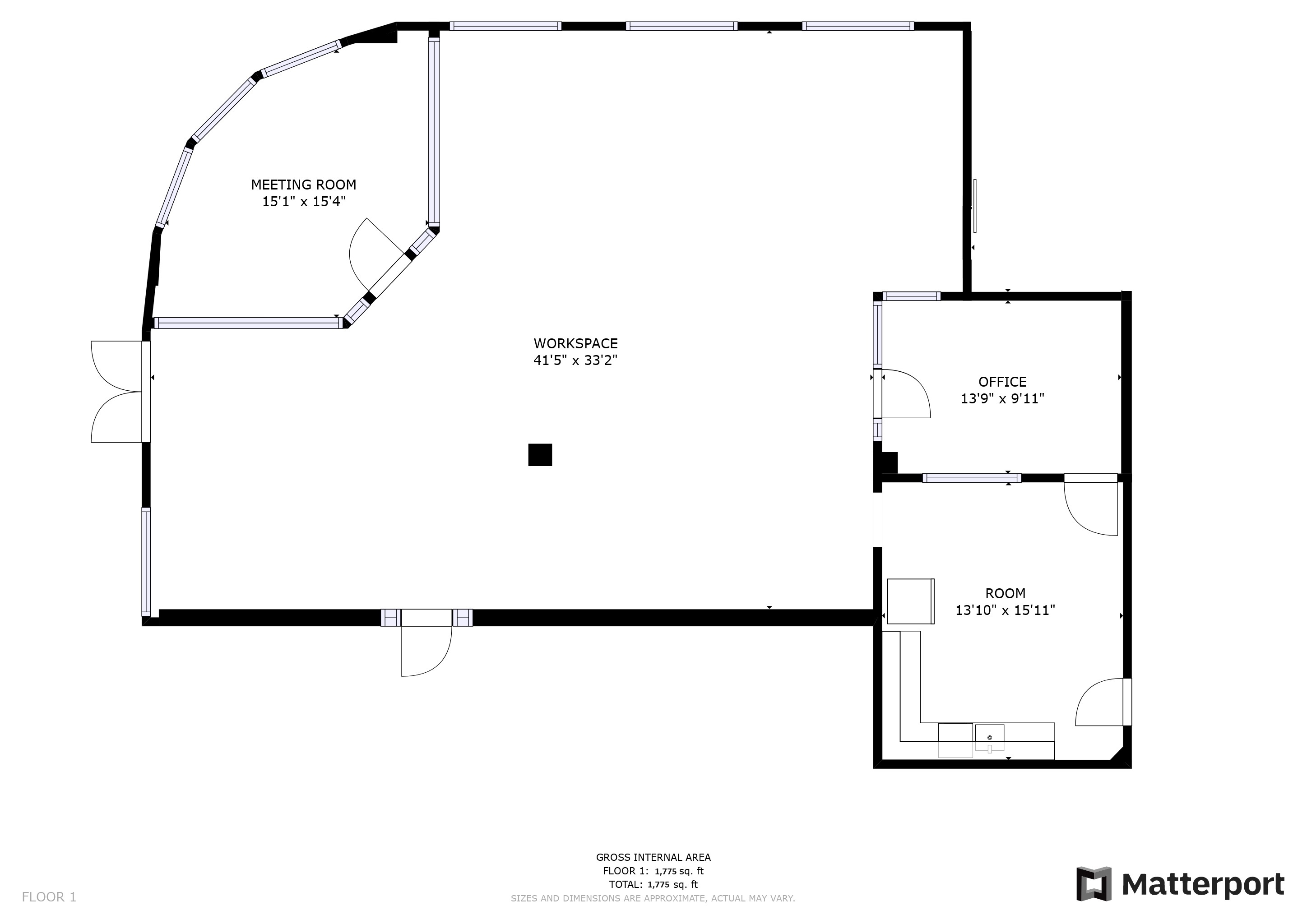 Suite 322 floor plan showing 1,775 SF layout with workspace, meeting room, private office, and additional room